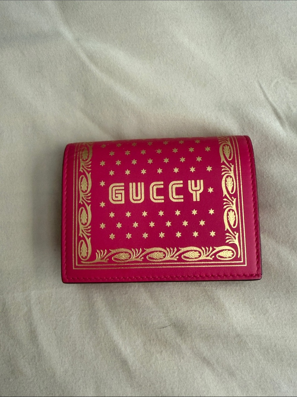 Gucci Pink Leather Compact Card Case with Gold Foil Design
